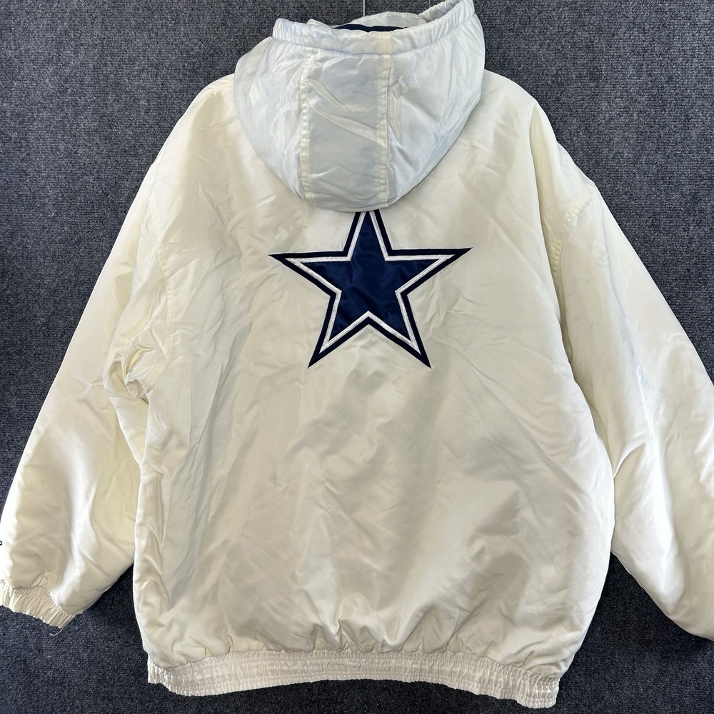 VTG Dallas Cowboys Starter White NFL Full Zip Puffer Hooded Jacket Mens XL